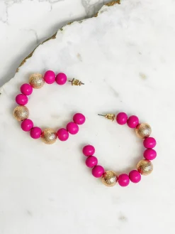 Gold & Color Bead Hoop Earrings - Pink