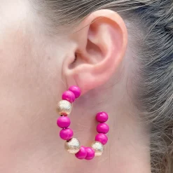 Gold & Color Bead Hoop Earrings - Pink