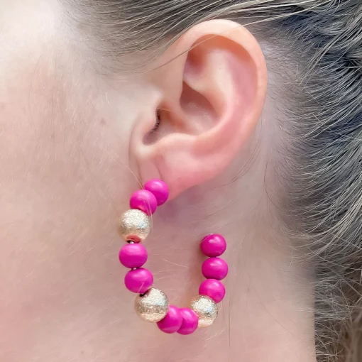 Gold & Color Bead Hoop Earrings - Pink