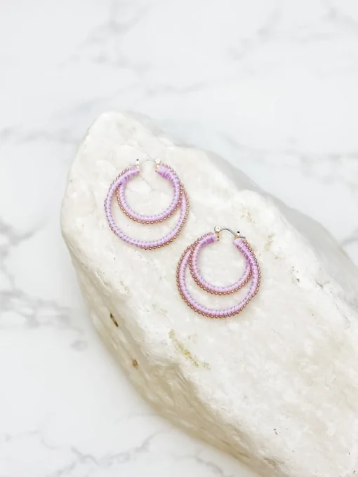Gold Ball Double Hoop Earrings - Lavender