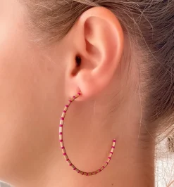 Gold Beaded Skinny Hoop Earrings - Fuchsia