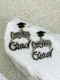 Gold Glitter Cursive 'Congrats Grad' Dangle Earrings
