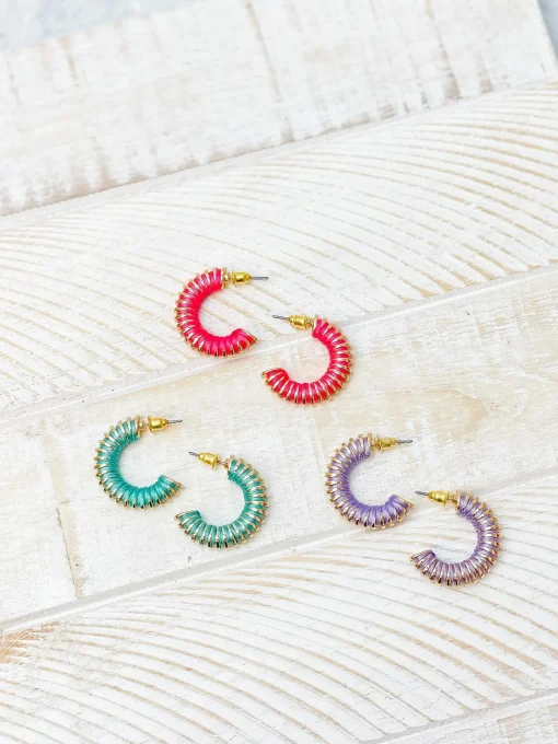 Gold Threaded Hoop Earrings - Hot Pink