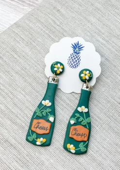 Green Flower Cheers Champagne Clay Earrings