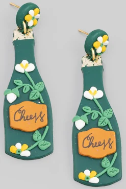 Green Flower Cheers Champagne Clay Earrings