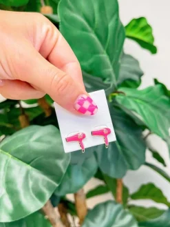 Hair Blow Dryer Signature Enamel Stud Earrings - Pink