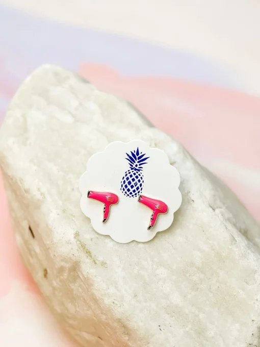 Hair Blow Dryer Signature Enamel Stud Earrings - Pink
