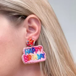 'Happy Birthday' Seed Bead Embroidered Dangle Earrings