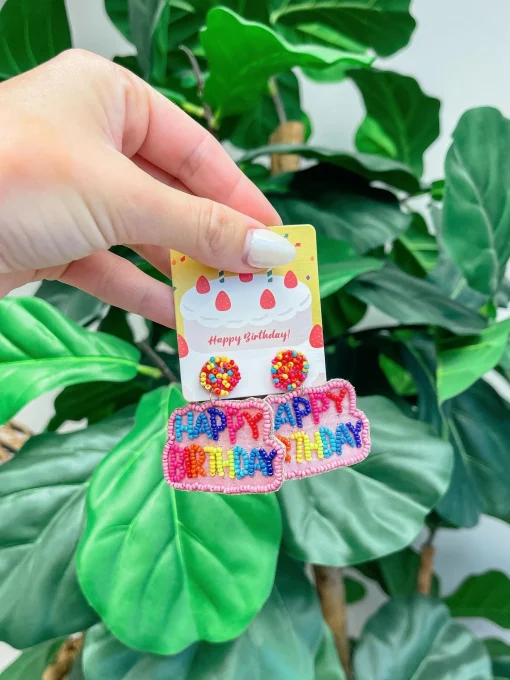 'Happy Birthday' Seed Bead Embroidered Dangle Earrings