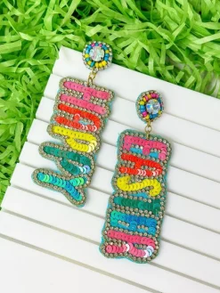 'Happy Easter' Sequin Dangle Earrings - Bright Multi