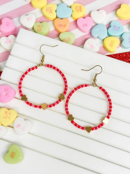 Heart Beaded Dangle Hoop Earrings