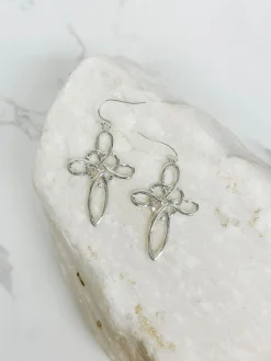 Heart Cross Dangle Earrings - Silver