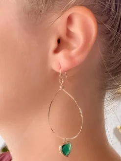 Heart Dangle Drop Earrings - Green