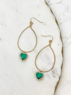 Heart Dangle Drop Earrings - Green