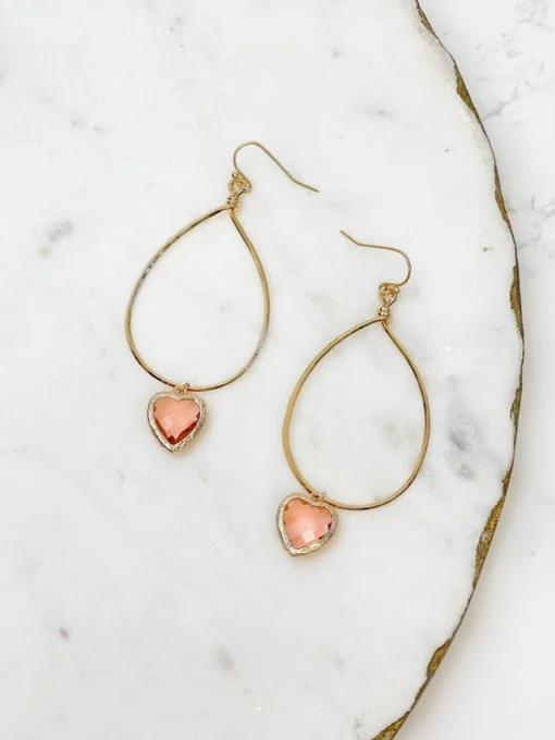 Heart Dangle Drop Earrings - Pink