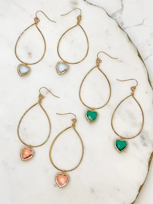 Heart Dangle Drop Earrings - Green