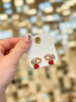 Heart Trio Stud Earrings - Red