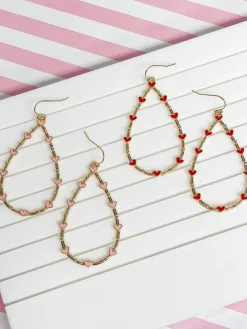 Heart-Studded Teardrop Dangle Earrings - Red