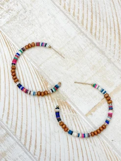 Heishi Multicolor Wood Bead Open Hoop Earrings