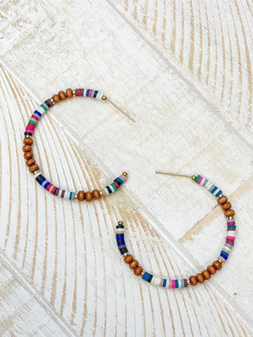 Heishi Multicolor Wood Bead Open Hoop Earrings