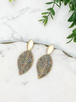 Iridescent Bead Gold Leaf Drop Earrings