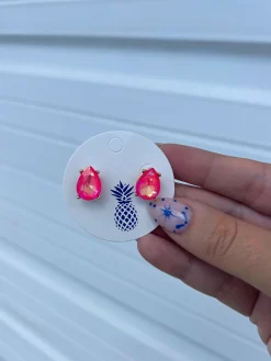 Iridescent Teardrop Glass Crystal Stud Earrings - Neon Pink