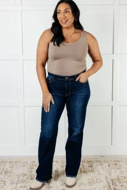 Jacqueline Mid Rise Frayed Hem Straight Leg Jean by Judy Blue