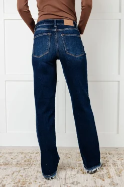 Jacqueline Mid Rise Frayed Hem Straight Leg Jean by Judy Blue