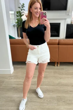Jessie High Rise Rigid Magic Cutoff Shorts in White by Judy Blue
