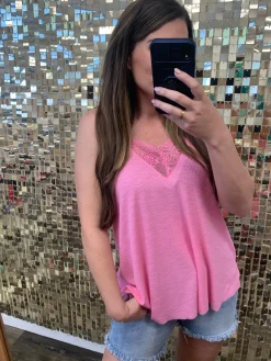 Lace V-Neck Flowy Tank Top by POL - Candy Pink