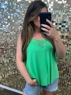 Lace V-Neck Flowy Tank Top by POL - Apple Green