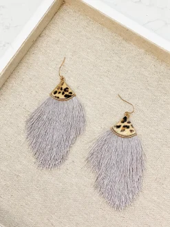 Leather Tassel Leopard Detail Earrings - Grey