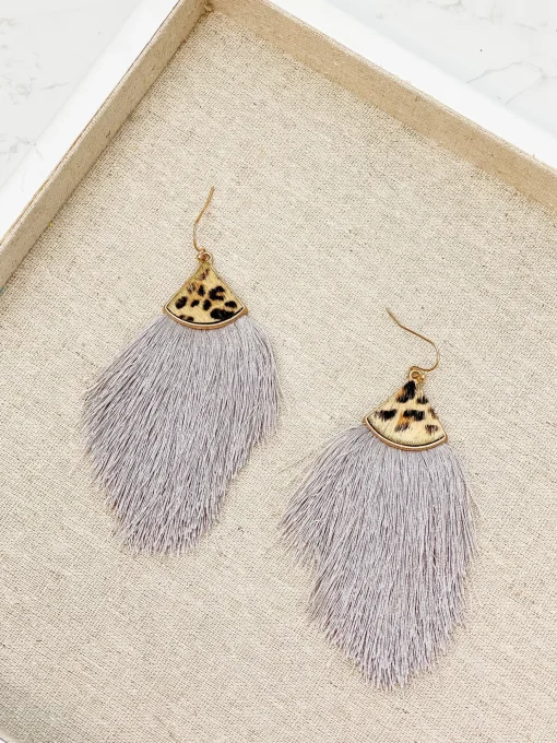Leather Tassel Leopard Detail Earrings - Grey