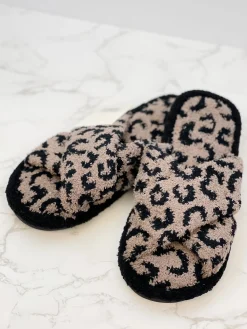 Leopard Criss Cross Fuzzy Slippers - Coffee