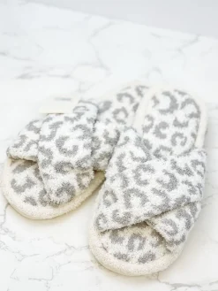 Leopard Criss Cross Fuzzy Slippers - Gray