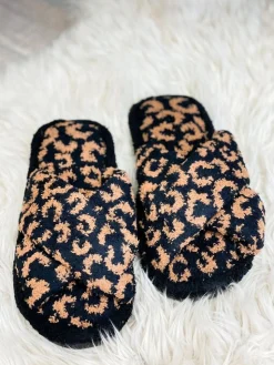 Leopard Criss Cross Fuzzy Slippers - Brown