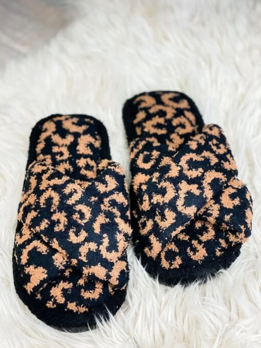 Leopard Criss Cross Fuzzy Slippers - Brown