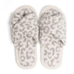 Leopard Criss Cross Fuzzy Slippers - Gray