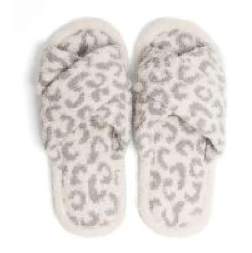 Leopard Criss Cross Fuzzy Slippers - Gray