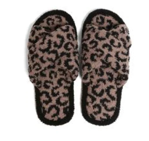 Leopard Criss Cross Fuzzy Slippers - Coffee