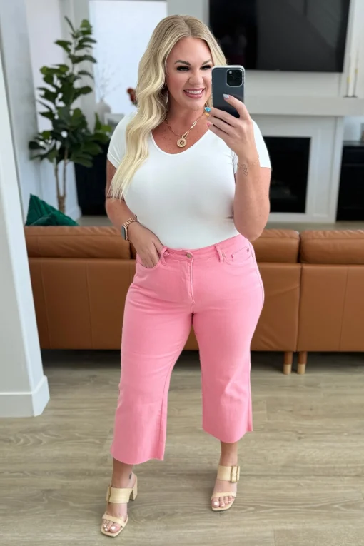 Lisa High Rise Control Top Wide Leg Crop Jeans by Judy Blue - Pink