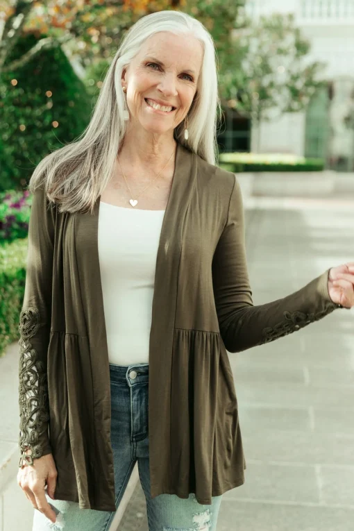 Little Bit Of Lace Cardigan In Olive