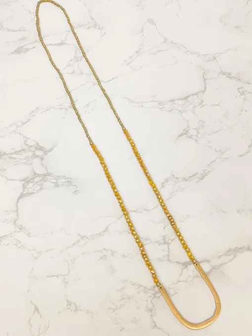 Long Beaded U Shape Pendant Necklace - Mustard