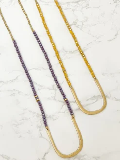 Long Beaded U Shape Pendant Necklace - Mustard