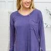 Long Sleeve Knit Top With Pocket In Denim Blue