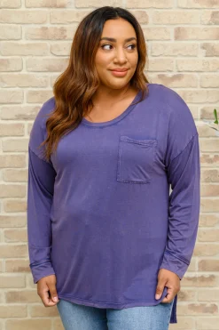 Long Sleeve Knit Top With Pocket In Denim Blue