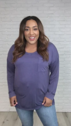 Long Sleeve Knit Top With Pocket In Denim Blue