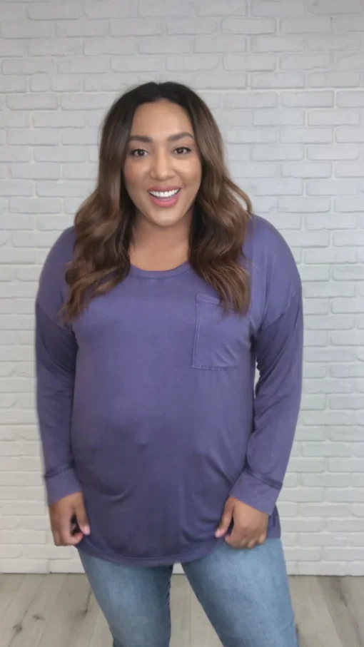 Long Sleeve Knit Top With Pocket In Denim Blue