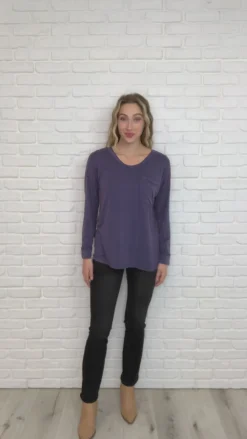Long Sleeve Knit Top With Pocket In Denim Blue