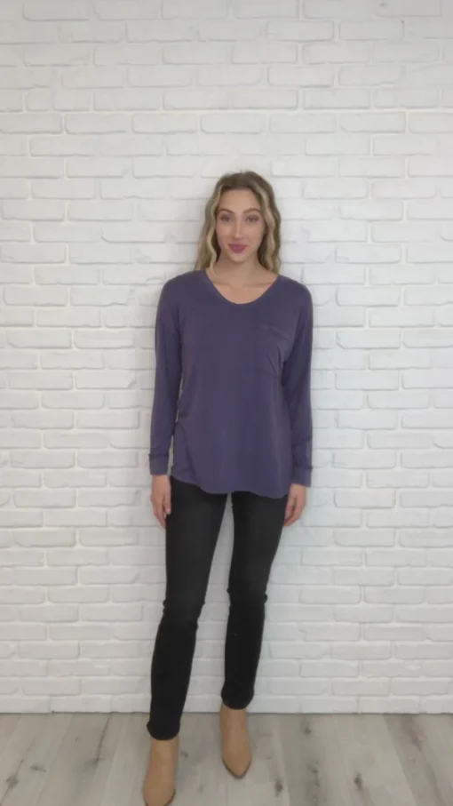 Long Sleeve Knit Top With Pocket In Denim Blue
